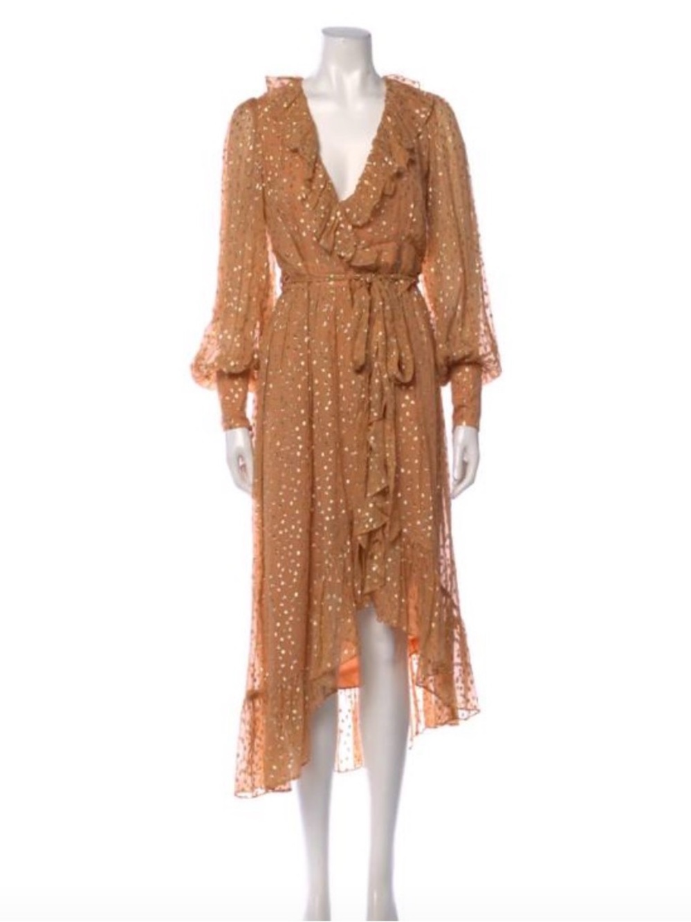 Zimmermann Copper Metallic Dot Ruffle Wrap Dress